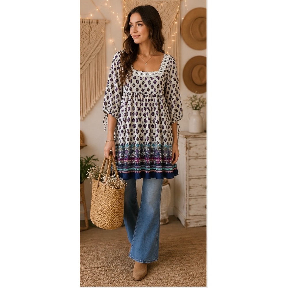 Everly Grey Esmeralda Boho Babydoll Dress Crochet Lace Trim Geometric Print L